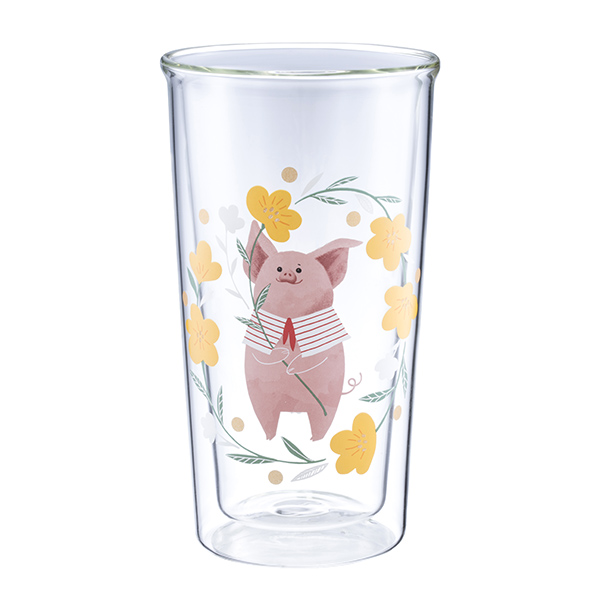 豬年迎春雙層玻璃杯